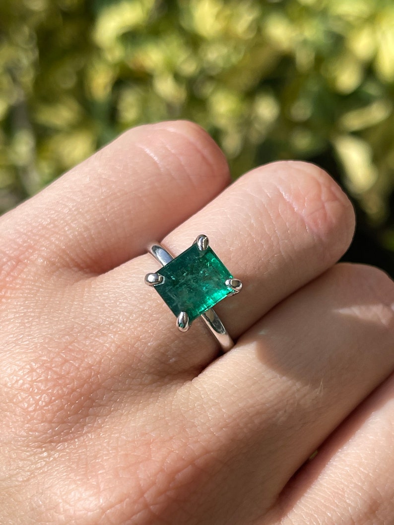 3.85ct 14K Natural Deep Green Emerald Cut Engagement Solitaire Ring White Gold - JR Colombian Emeralds