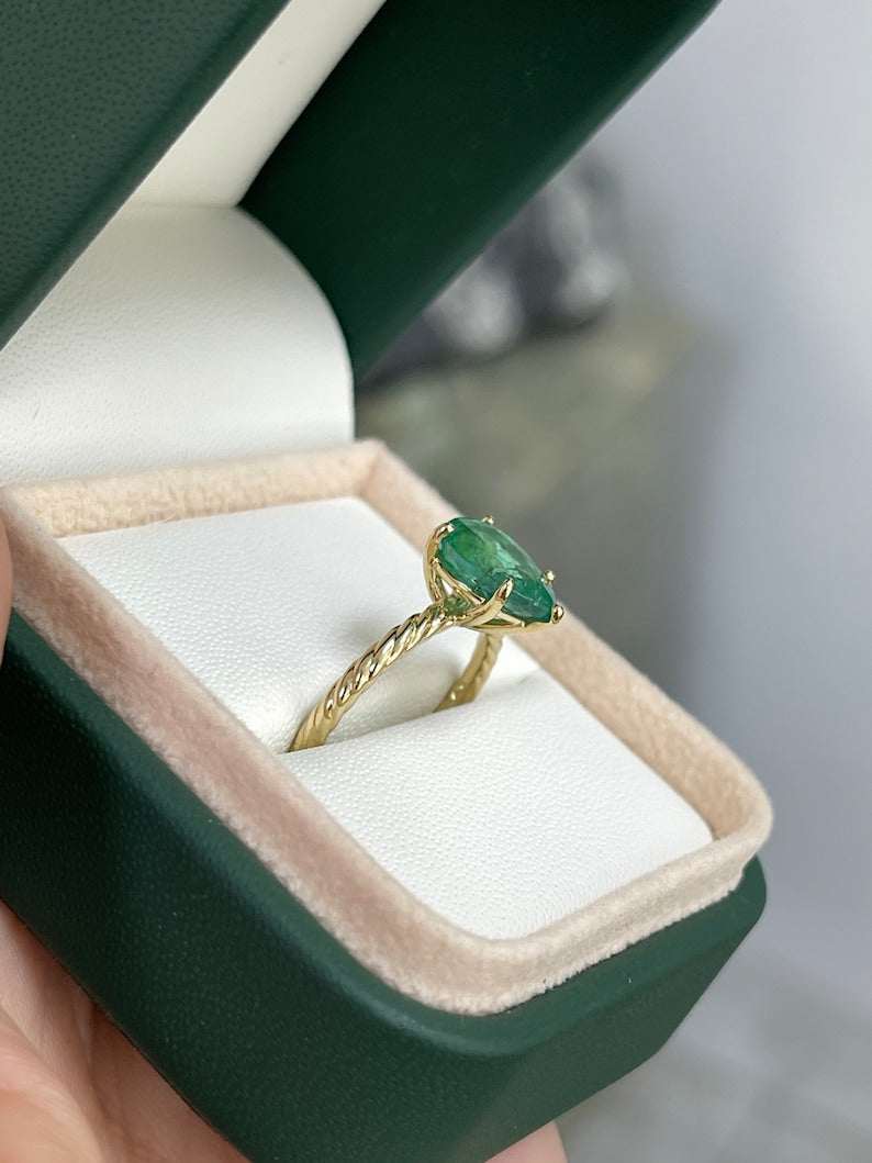 1.95ct 14K Pear Cut Emerald Solitaire Ring – Lush Green Twisted Band 585 Yellow - JR Colombian Emeralds