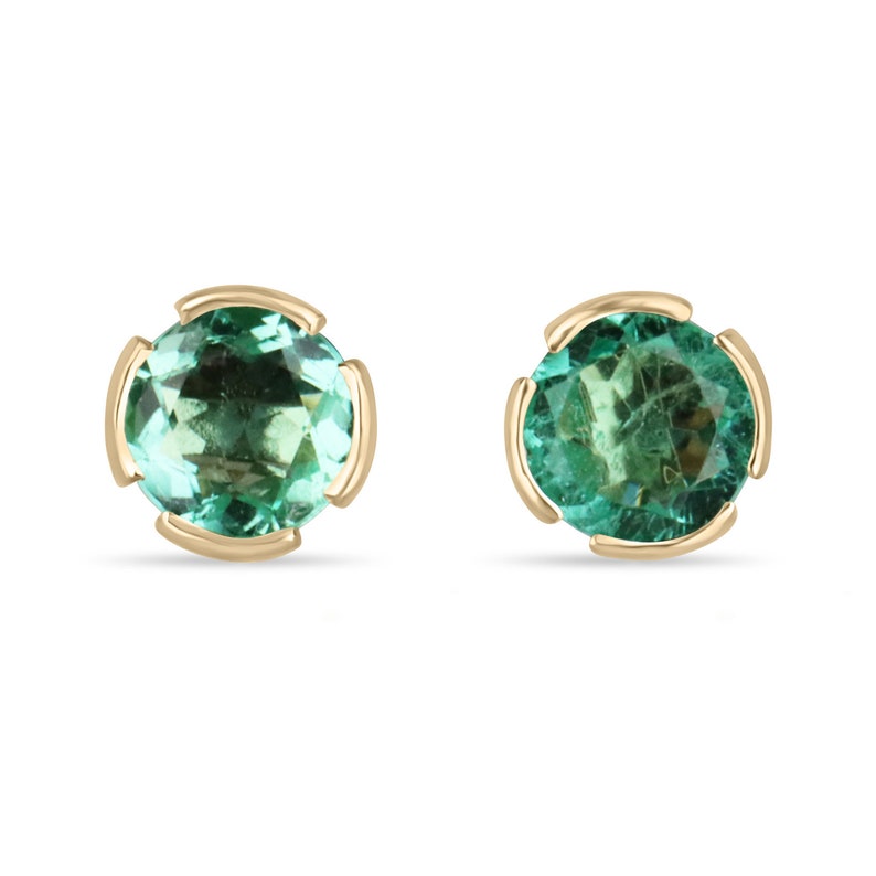 Pair of 2.0tcw 14K yellow gold semi bezel Colombian emerald round stud earrings