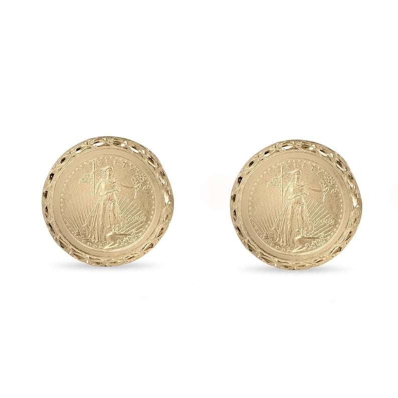Pair of 14K vintage gold coin earrings with Lady Liberty design and omega backs