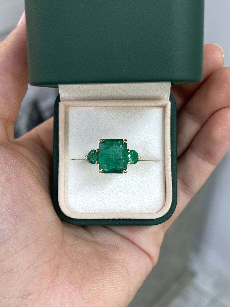 Lush Green Emerald Trilogy Engagement Ring in 18K Yellow Gold - 9.21tcw