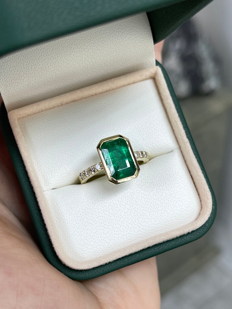 Green emerald cut engagement ring with diamond accents in 14K gold, featuring a 3.59tcw emerald from Colombian Emerald.