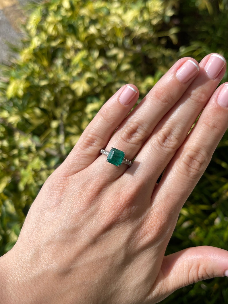 3.57tcw Asscher Cut Emerald & Diamond Engagement Scroll Floral Ring Platinum - JR Colombian Emeralds