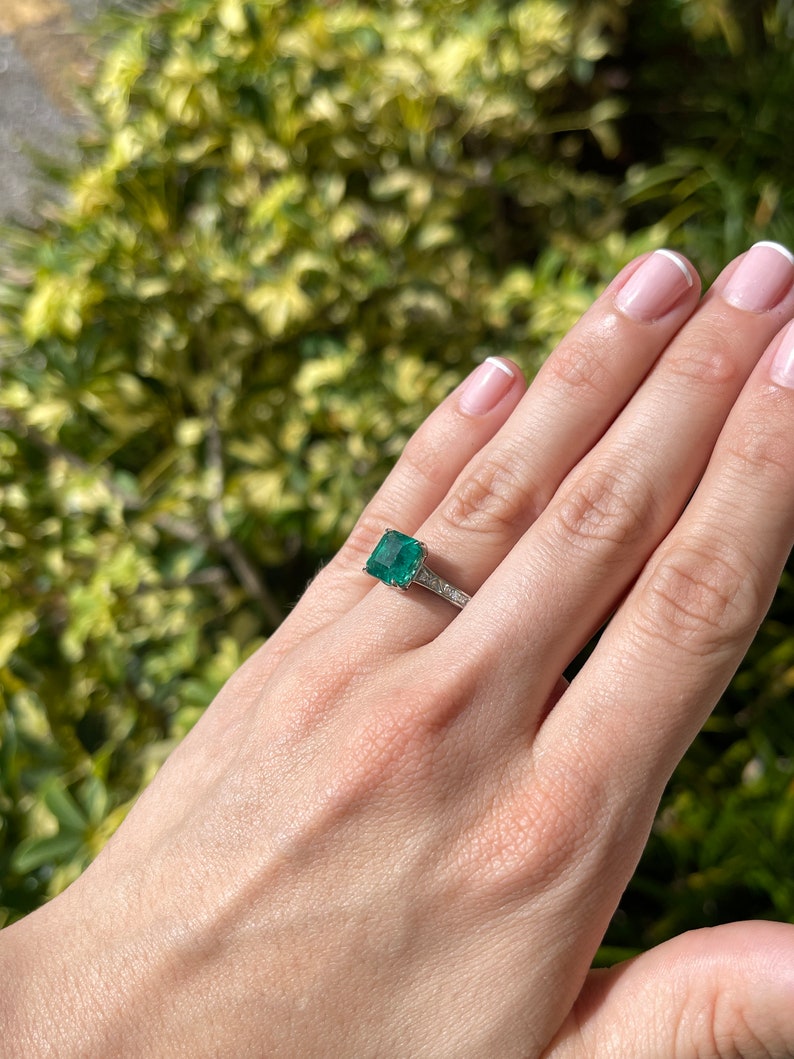 3.57tcw Asscher Cut Emerald & Diamond Engagement Scroll Floral Ring Platinum - JR Colombian Emeralds