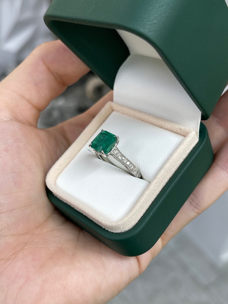3.57tcw Asscher Cut Emerald & Diamond Engagement Scroll Floral Ring Platinum - JR Colombian Emeralds