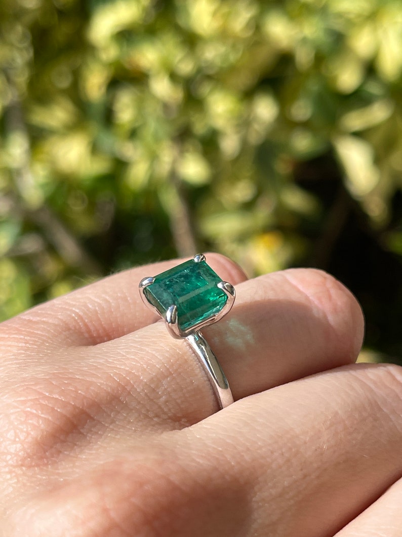 3.85ct 14K Natural Deep Green Emerald Cut Engagement Solitaire Ring White Gold - JR Colombian Emeralds