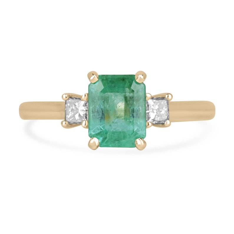 14K Three Stone Ring Featuring 1.08tcw Emerald Cut and Diamond - May Birthstone Jewelry