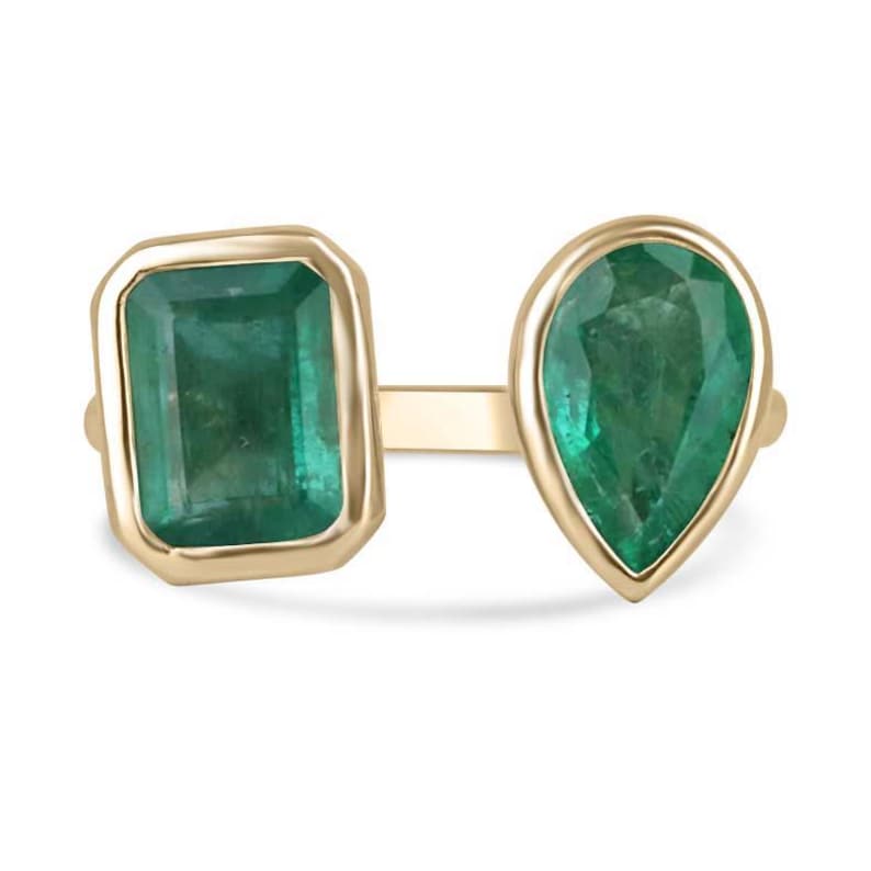 14K Two-Stone Emerald Ring with Pear Cut and Bezel Setting - 3.23tcw