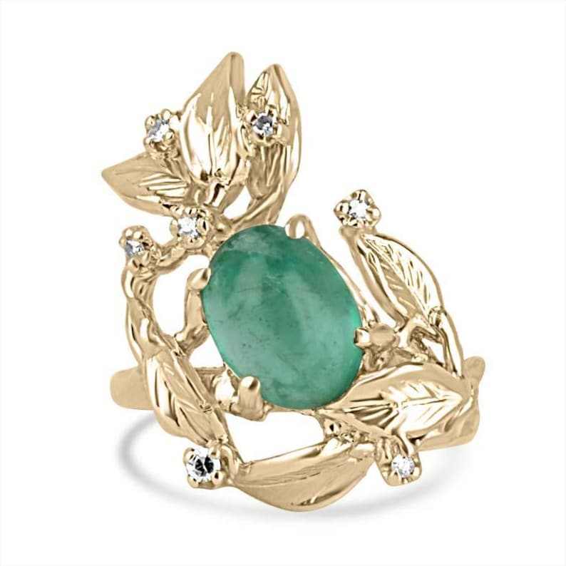14K Yellow Gold Floral Ring Featuring 2.52tcw Oval Emerald and Diamonds