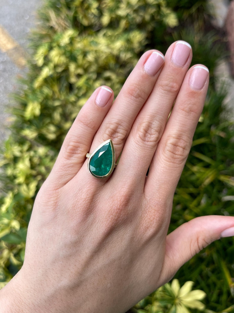 10.30tcw 18K Pear Cut Emerald & Diamond Ring - Natural Rich Green Bezel Set - JR Colombian Emeralds