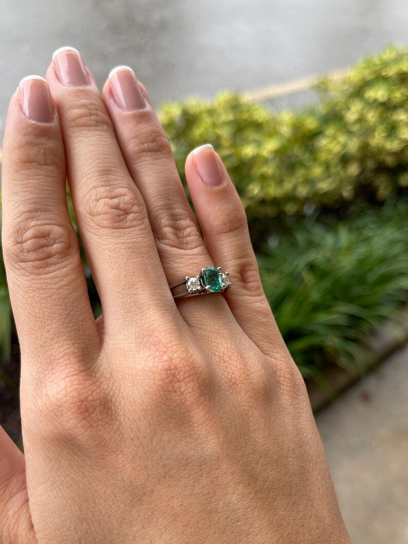 1.50tcw 14K White Gold Oval Emerald & Diamond Three Stone Right Hand Ring - JR Colombian Emeralds