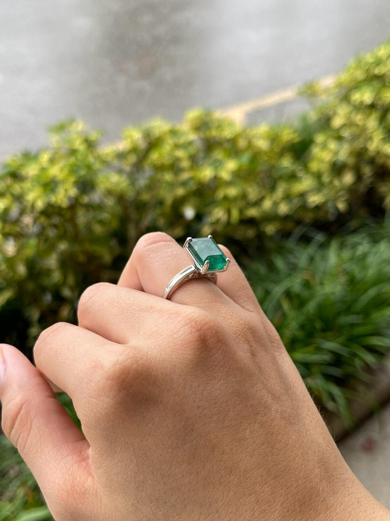 9.16ct Massive Deep Green Emerald Cathedral Sculpted Solitaire Ring 14K White Gold