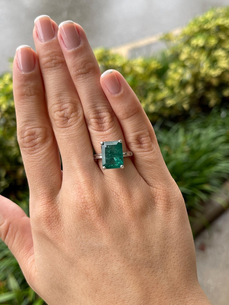 9.16ct Massive Deep Green Emerald Cathedral Sculpted Solitaire Ring 14K White Gold
