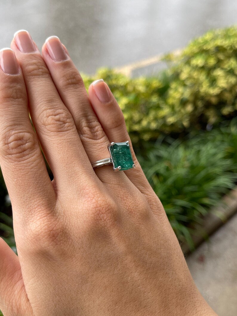 9.16ct Massive Deep Green Emerald Cathedral Sculpted Solitaire Ring 14K White Gold