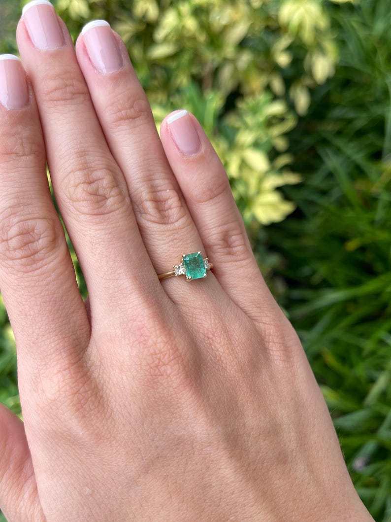 1.08tcw 14K Emerald Cut & Diamond Three Stone May Birthstone Ring - JR Colombian Emeralds