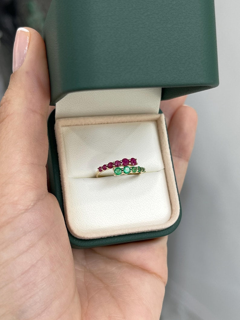 0.95tcw 14K Gold Ring with Bypass Design, Featuring Natural Emerald and Ruby for Stacking