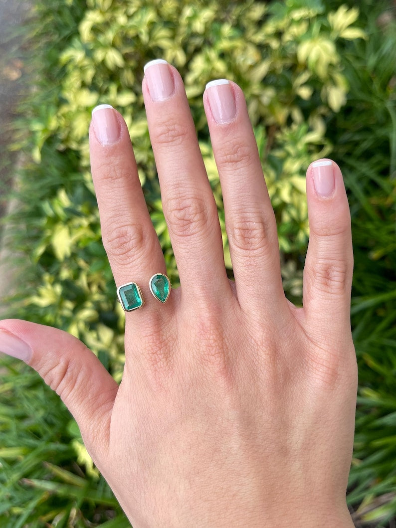 3.23tcw Two Stone Emerald Pear Cut Toi Et Moi Bezel Set Ring 14K - JR Colombian Emeralds