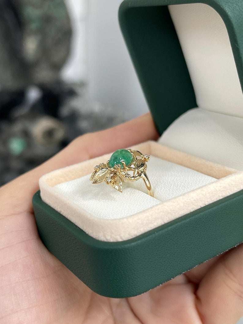 2.52tcw 14K Oval Emerald & Diamond Floral Leaf Ring in Yellow Gold 585 - JR Colombian Emeralds