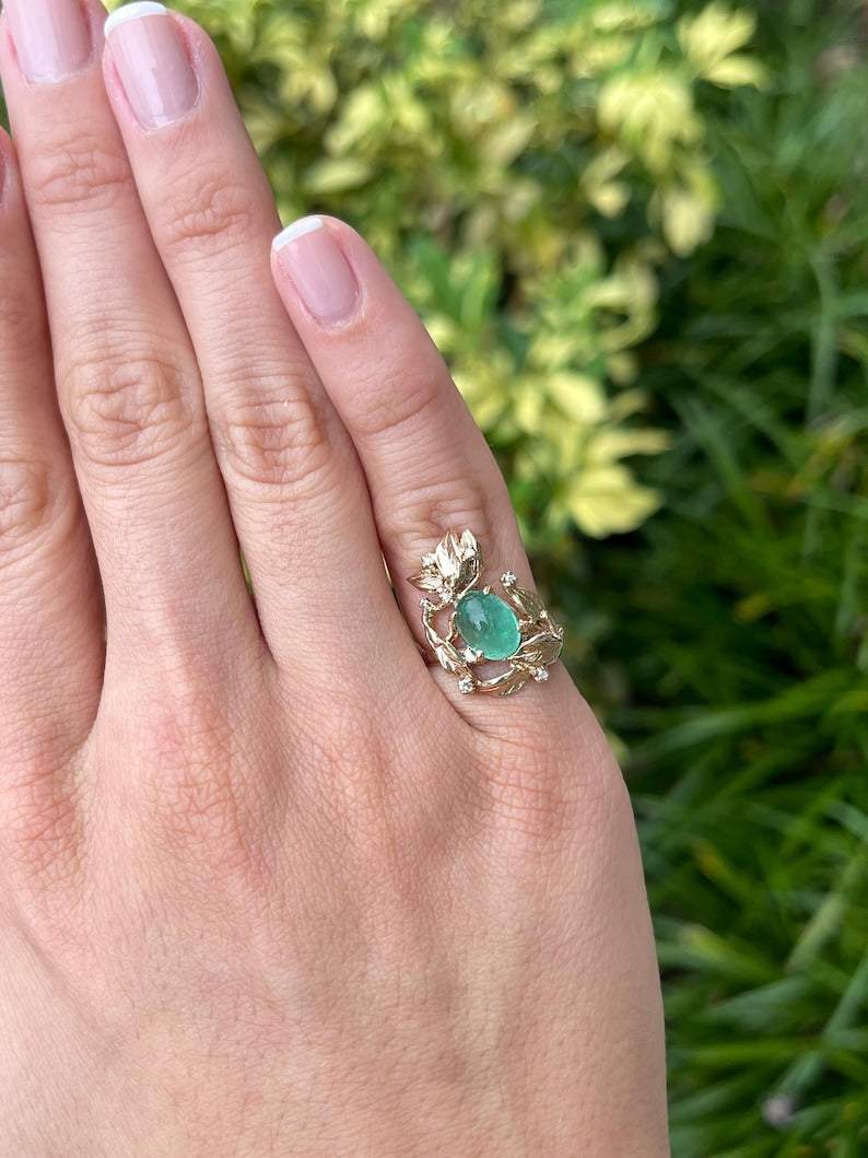 Floral Design 2.52tcw Oval Emerald and Diamond Ring in 14K Yellow Gold