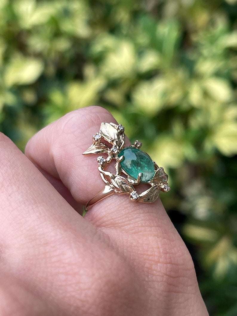 2.52tcw 14K Oval Emerald & Diamond Floral Leaf Ring in Yellow Gold 585 - JR Colombian Emeralds