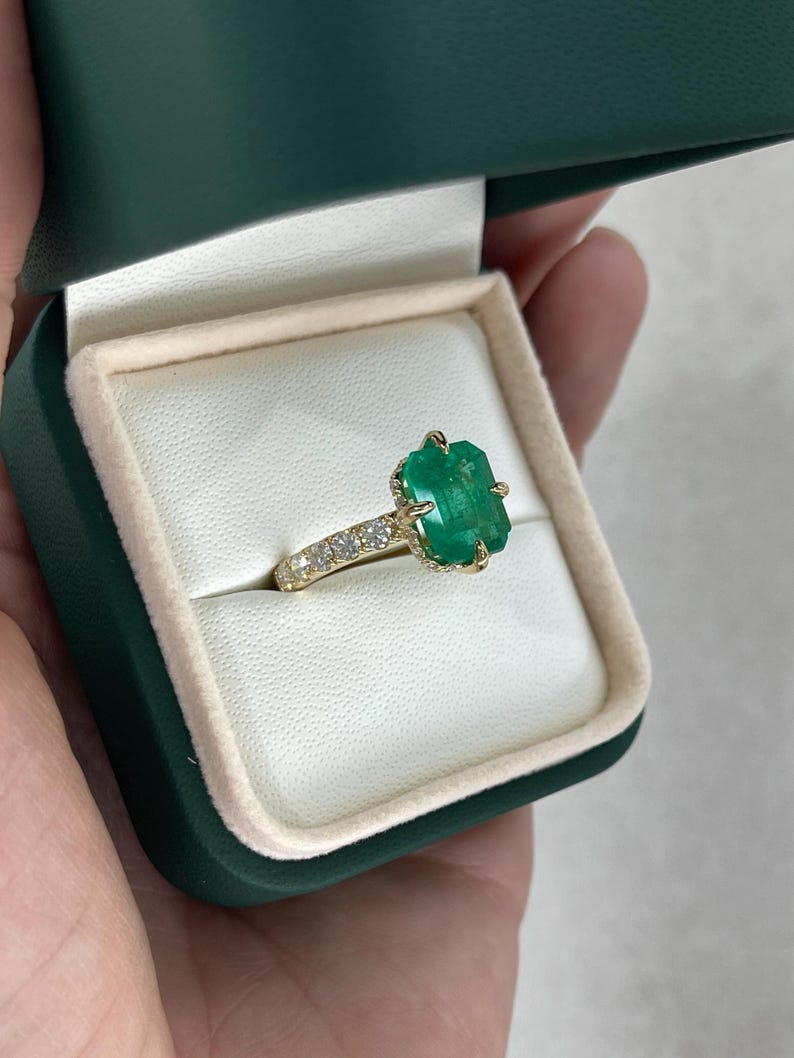 4.43TCW 18K AAA Emerald Cut Colombian Emerald Engagement Ring with Hidden Diamond Halo