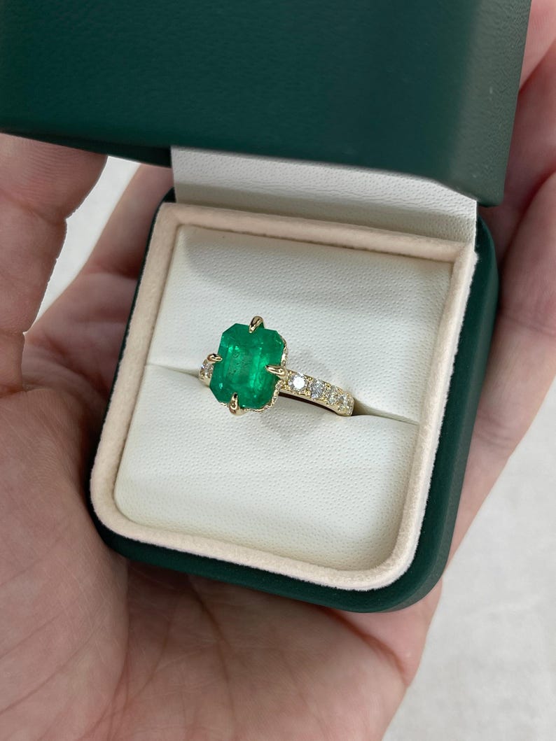 4.43TCW 18K AAA Emerald Cut Colombian Emerald Engagement Ring with Hidden Diamond Halo