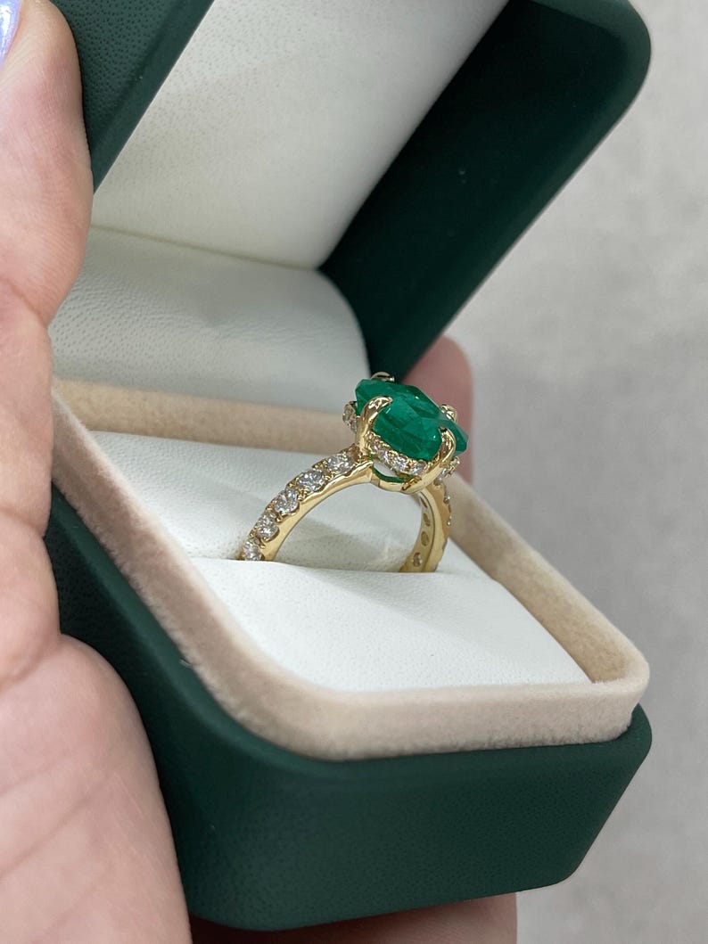 4.43TCW 18K AAA Emerald Cut Colombian Emerald Engagement Ring with Hidden Diamond Halo