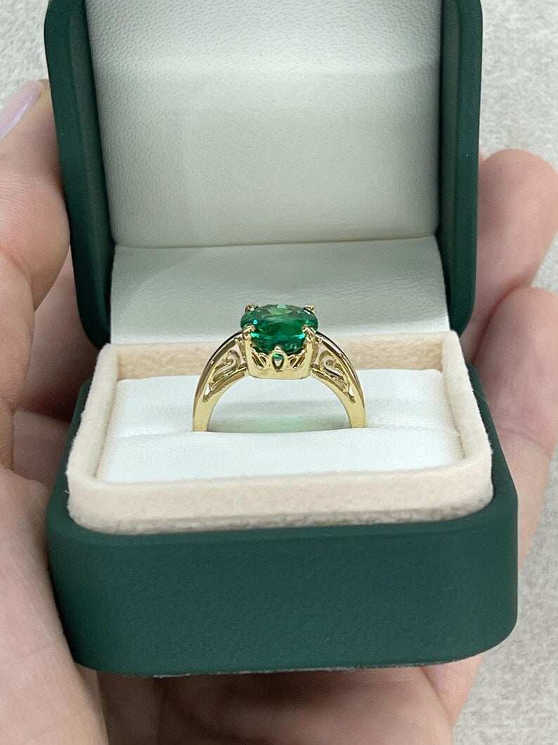 3.93ct 14K Dark Green Oval Emerald Ring with Scroll Detail - JR Colombian Emeralds