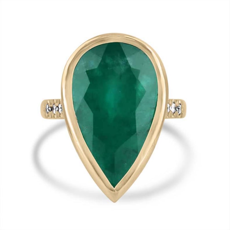 18K Gold Pear-Cut Emerald and Diamond Ring - 10.30tcw, Natural Green Gemstone, Bezel Setting