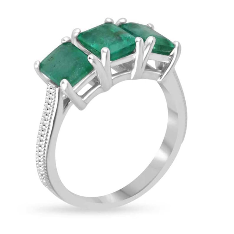 Stunning 3.25tcw Emerald Trilogy Ring with Dark Green Stones in 14K White Gold