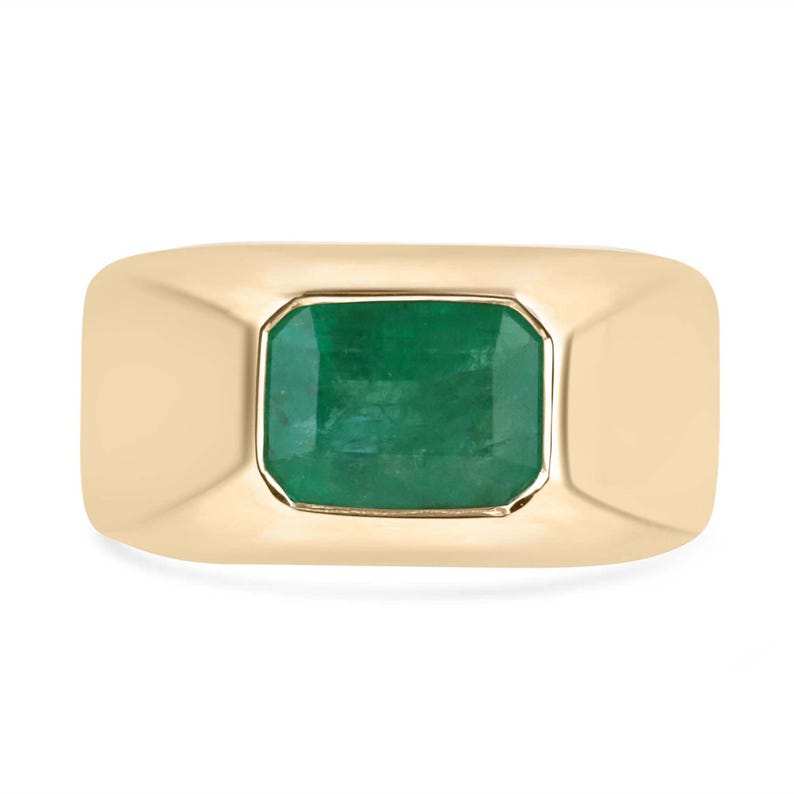 14k gold men's solitaire ring with 4.40ct dark green emerald bezel setting