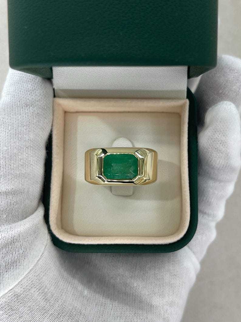 4.40ct Dark Green Emerald Heavy Men's Solitaire Bezel Class Ring 14K Gold - JR Colombian Emeralds