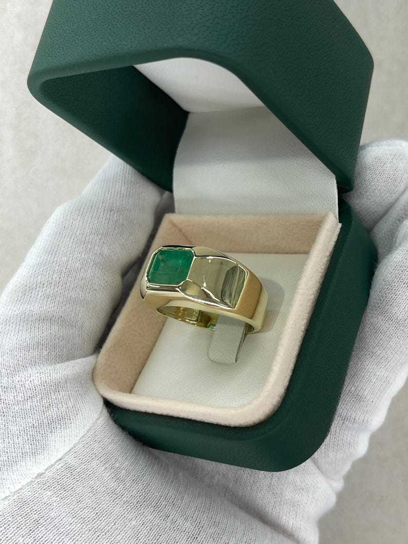 4.40ct Dark Green Emerald Heavy Men's Solitaire Bezel Class Ring 14K Gold - JR Colombian Emeralds