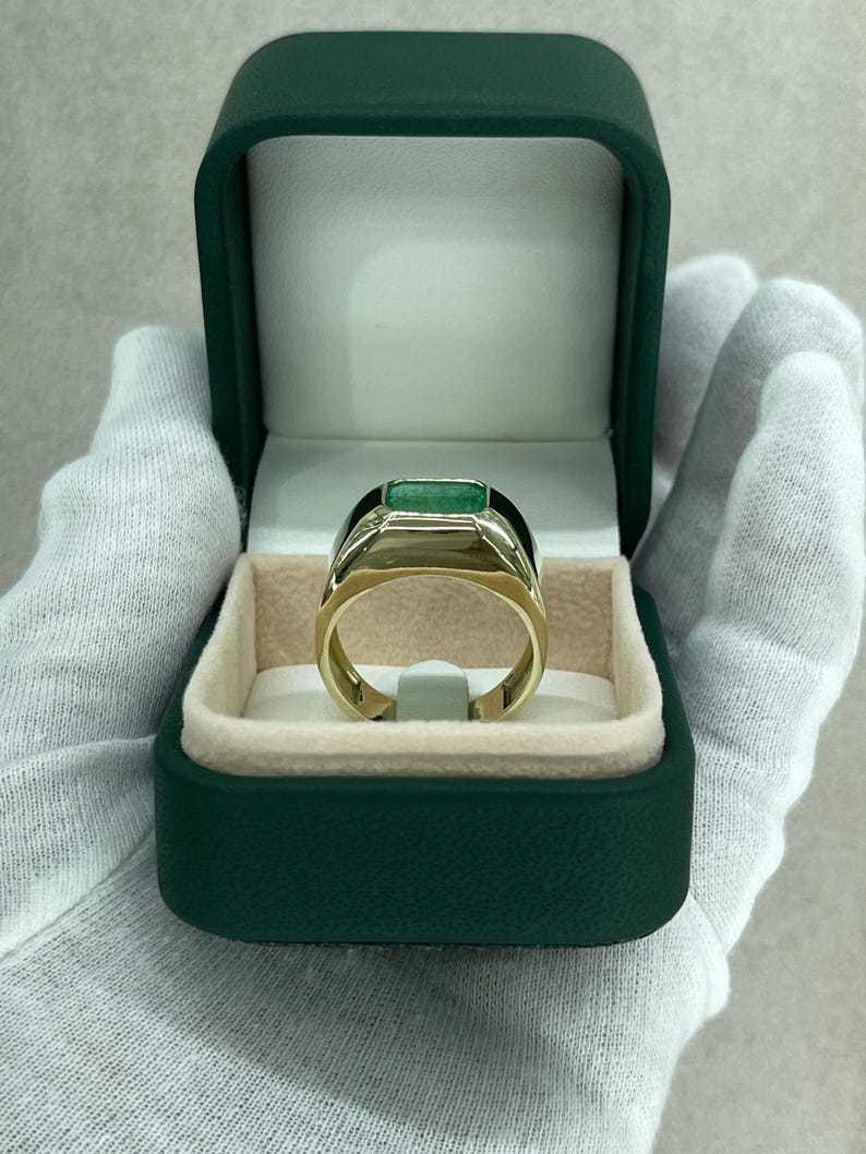 4.40ct Dark Green Emerald Heavy Men's Solitaire Bezel Class Ring 14K Gold - JR Colombian Emeralds