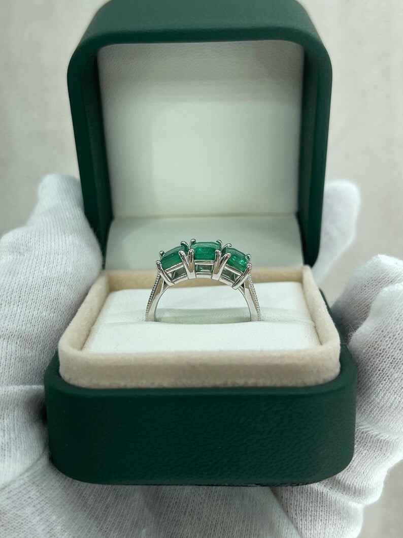 3.25tcw Medium Dark Green Emerald Trilogy Stone Ring 14K White Gold - JR Colombian Emeralds