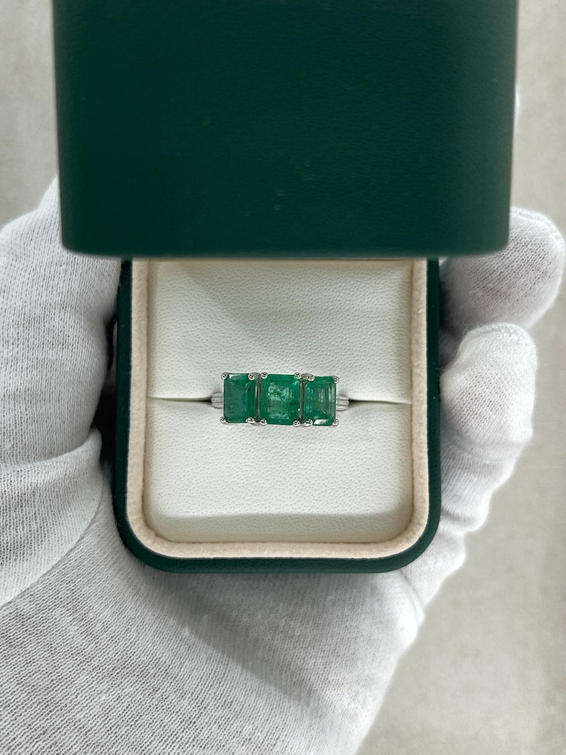 3.25tcw Medium Dark Green Emerald Trilogy Stone Ring 14K White Gold - JR Colombian Emeralds