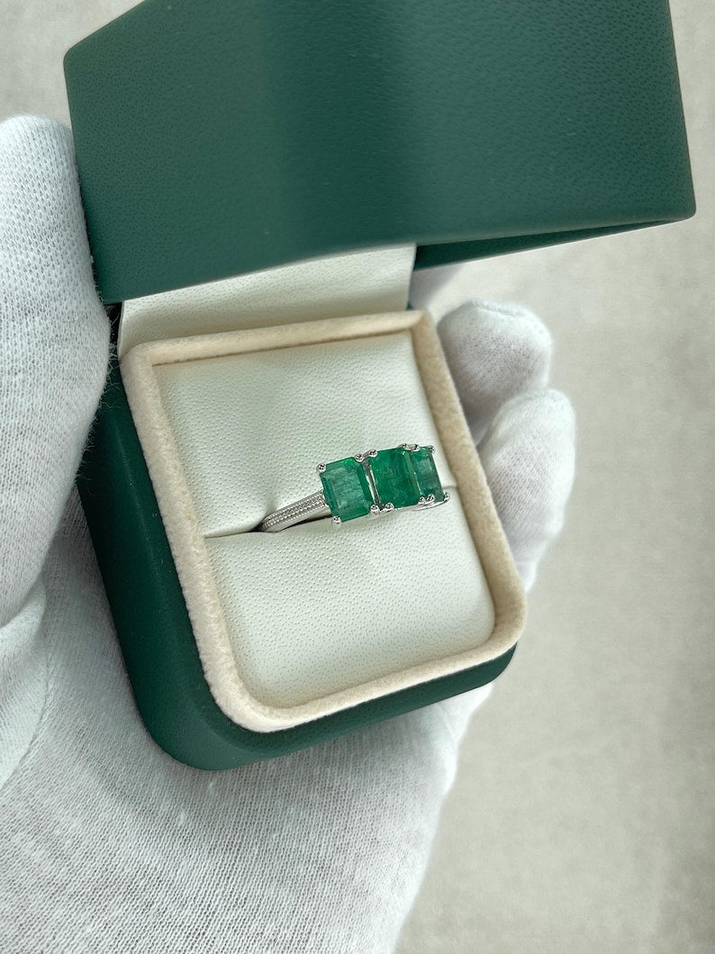 3.25tcw Medium Dark Green Emerald Trilogy Stone Ring 14K White Gold - JR Colombian Emeralds