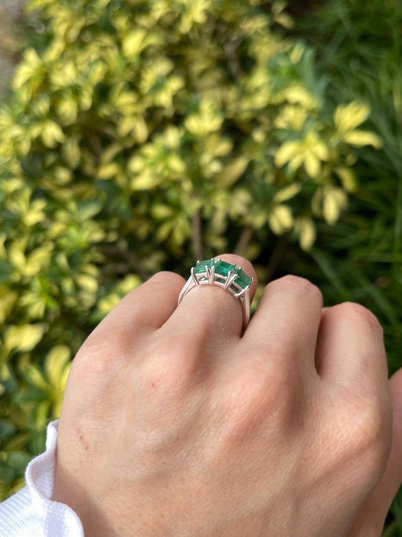 3.25tcw Medium Dark Green Emerald Trilogy Stone Ring 14K White Gold - JR Colombian Emeralds