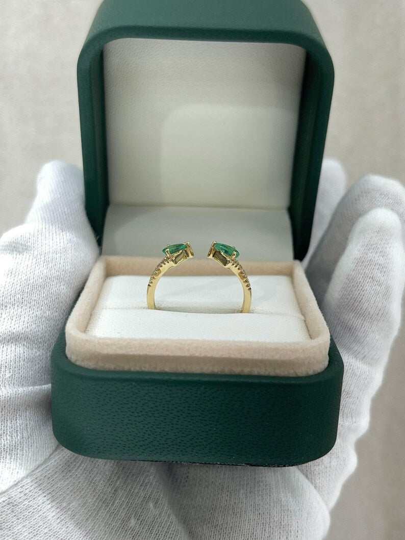 0.47tcw 14K Pear Cut Green & Diamond Stacking Ring - JR Colombian Emeralds