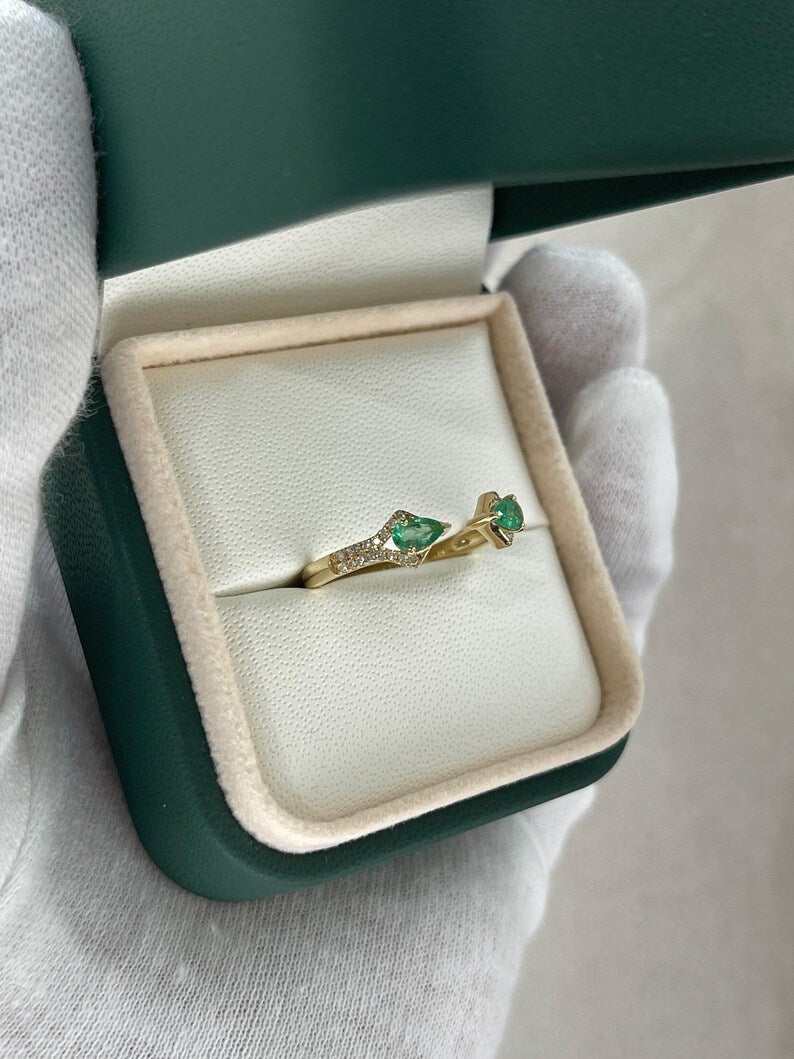 0.47tcw 14K Pear Cut Green & Diamond Stacking Ring - JR Colombian Emeralds