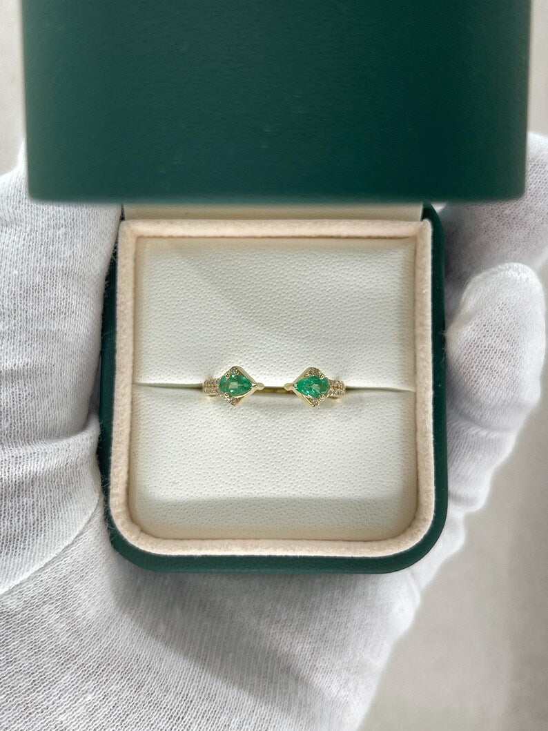 0.47tcw 14K Pear Cut Green & Diamond Stacking Ring - JR Colombian Emeralds