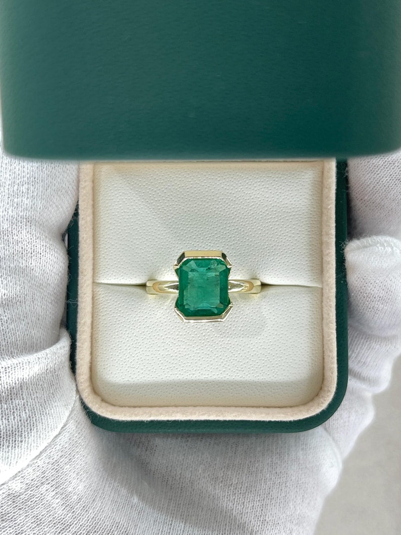 3.50ct Vivid Green Emerald Solitaire Engagement Open Back Basket Ring 14K - JR Colombian Emeralds