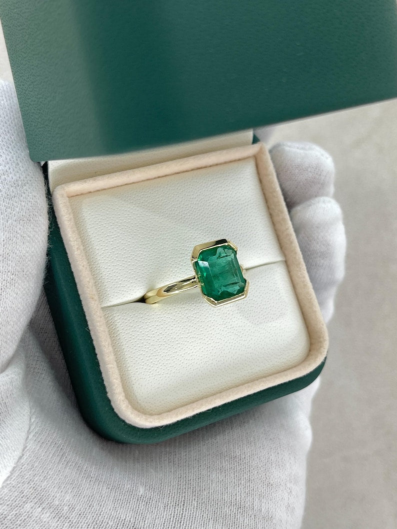 3.50ct Vivid Green Emerald Solitaire Engagement Open Back Basket Ring 14K - JR Colombian Emeralds
