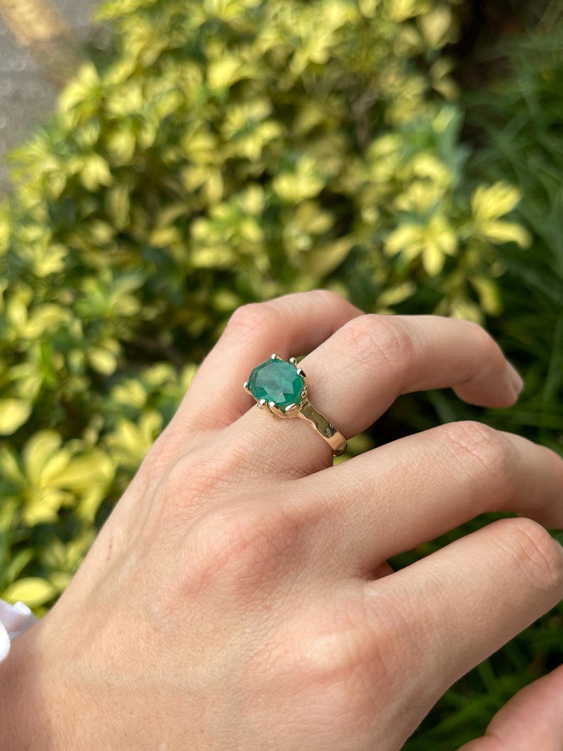Unique 14K Gold Nugget Ring with 4.04ct Dark Green Oval Emerald Gemstone
