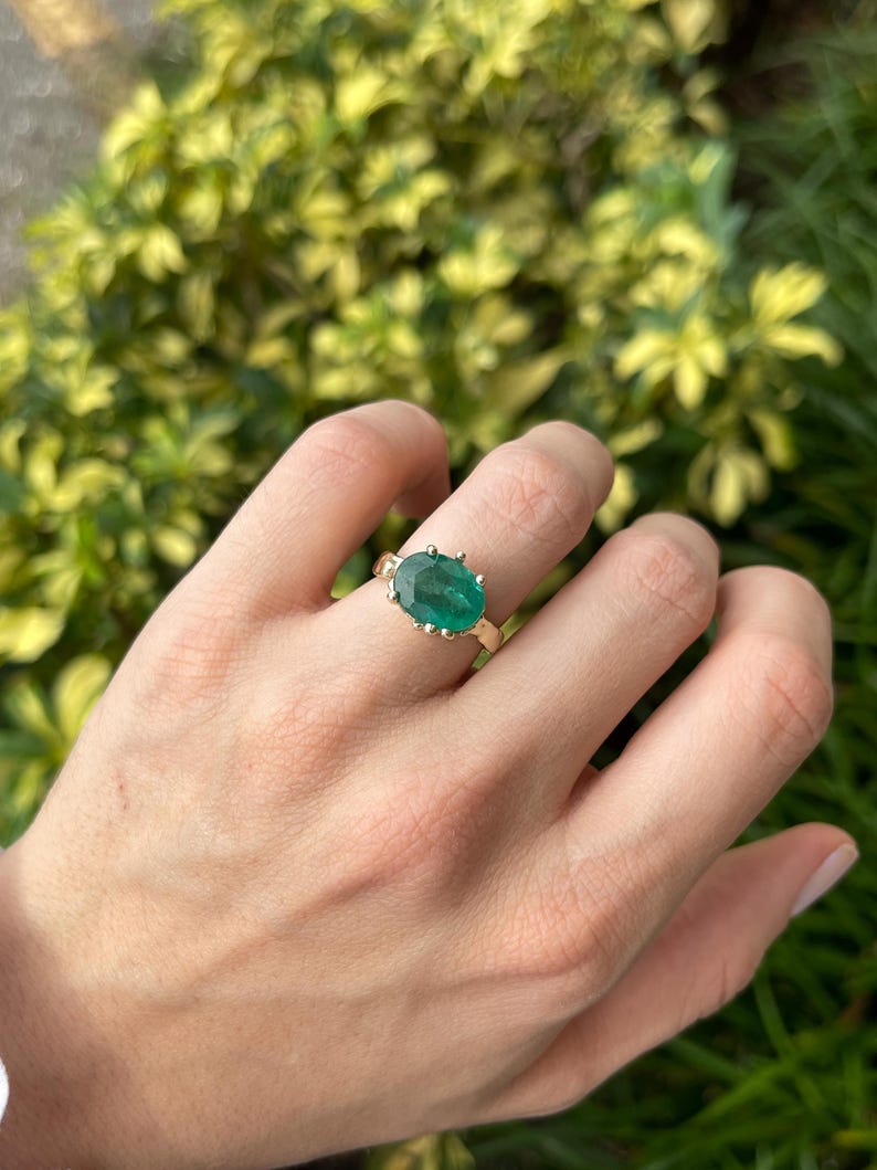 4.04ct 14K Dark Green Oval Cut Gold Organic Nugget Solitaire Ring - JR Colombian Emeralds
