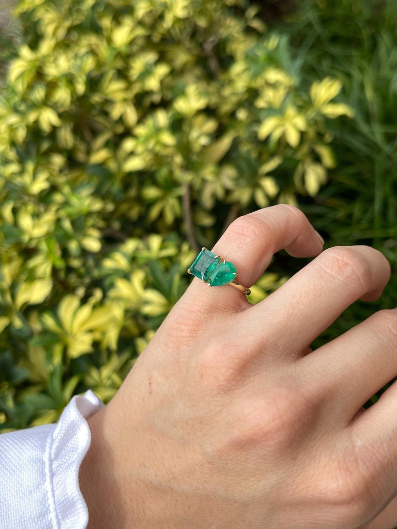3.33tcw Pear Cut Emeralds in 14K Gold Toi et Moi Ring - Ideal for Stacking