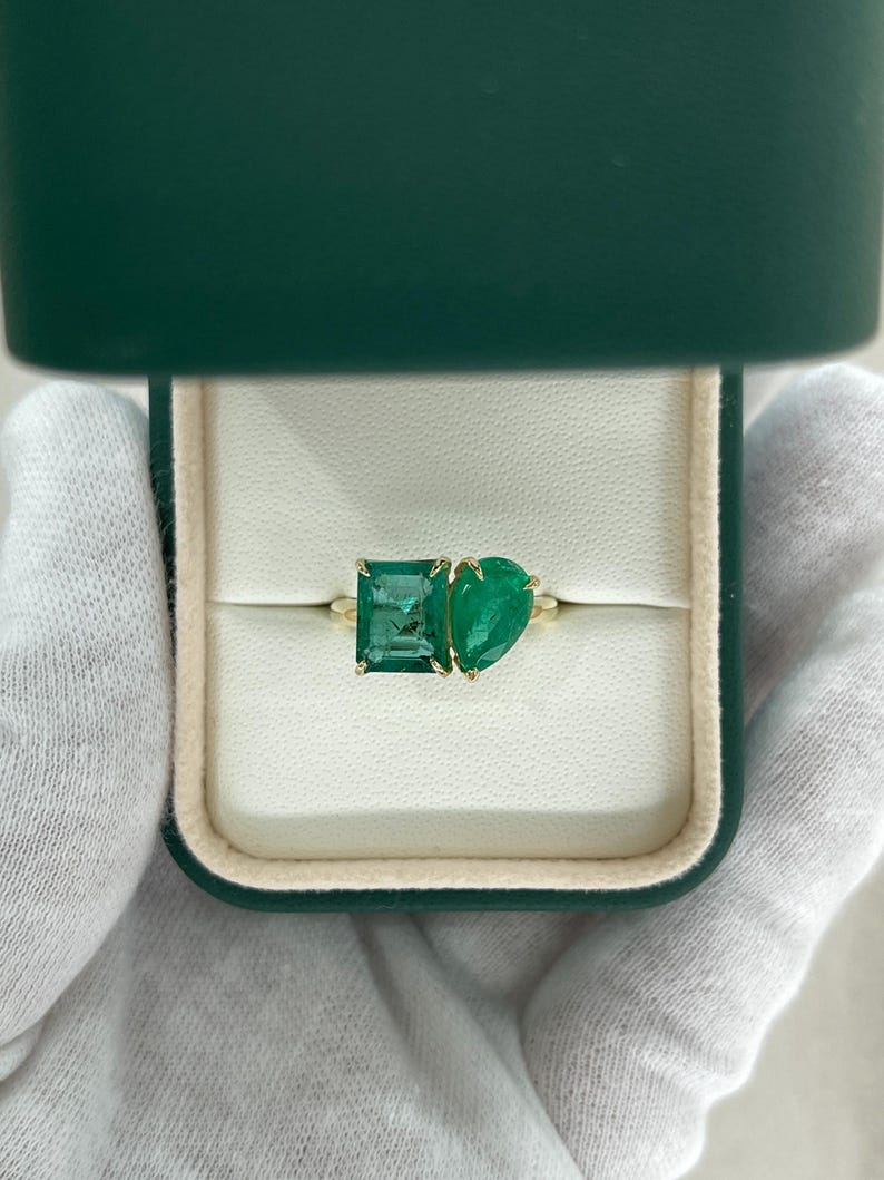 3.33tcw 14K Emerald Pear Cut Two-Stone Toi et Moi Ring - Emerald Stacking - JR Colombian Emeralds