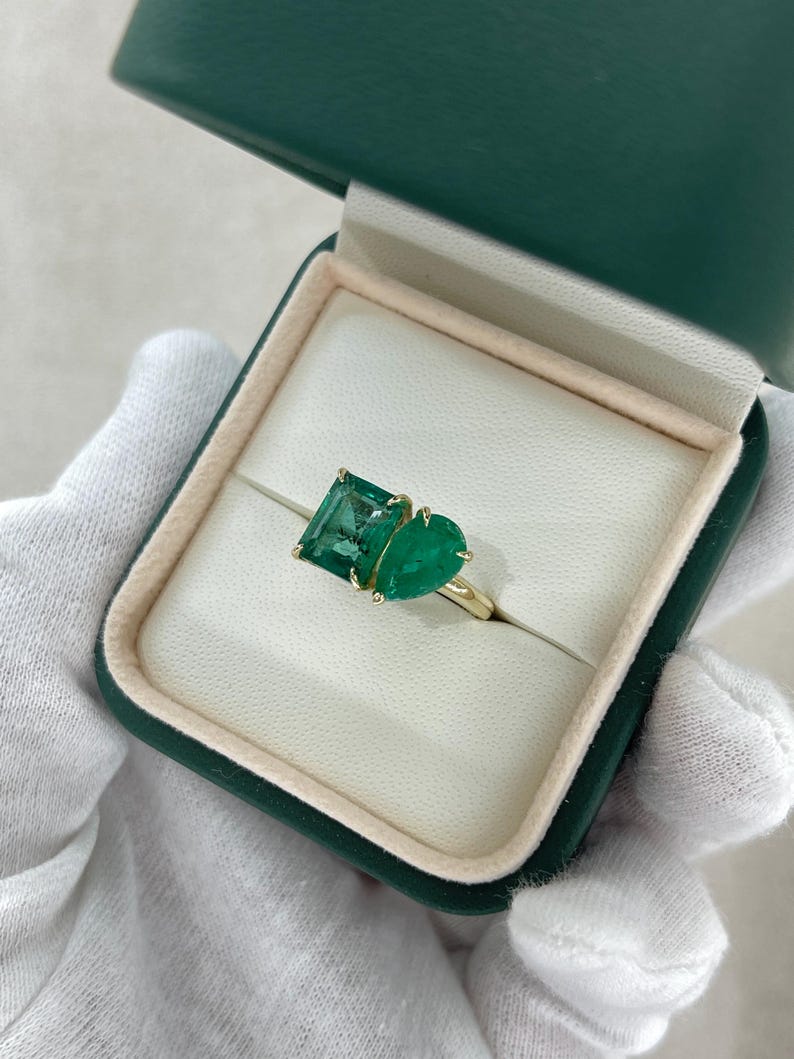 3.33tcw 14K Emerald Pear Cut Two-Stone Toi et Moi Ring - Emerald Stacking - JR Colombian Emeralds