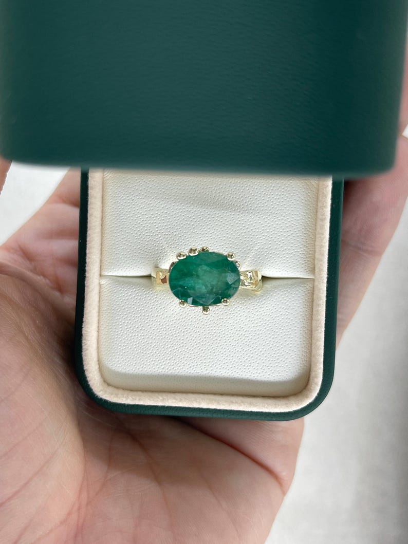 4.04ct 14K Dark Green Oval Cut Gold Organic Nugget Solitaire Ring - JR Colombian Emeralds