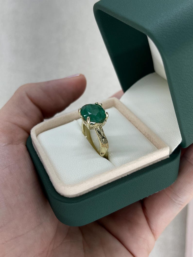 4.04ct 14K Dark Green Oval Cut Gold Organic Nugget Solitaire Ring - JR Colombian Emeralds